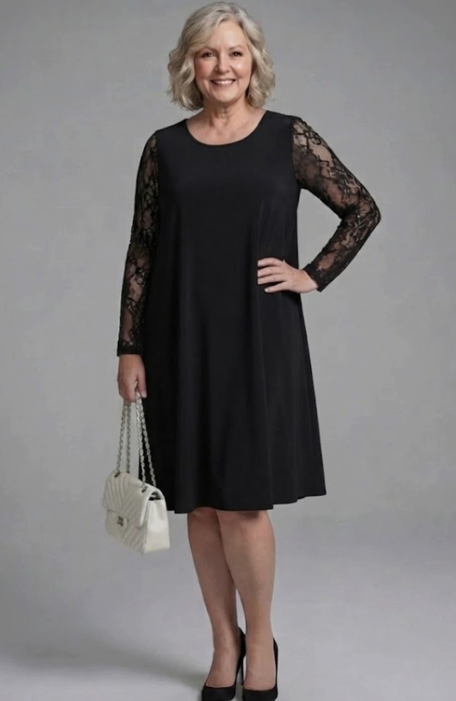 Women's Black Lace-Sleeve Peplum Fitted Midi Cocktail Dress