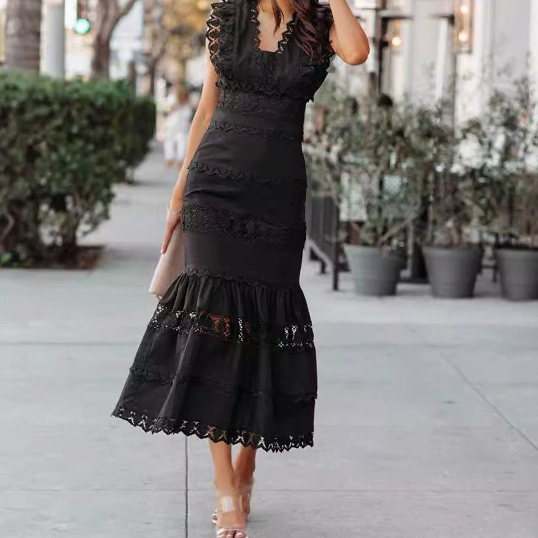 Women's Black Maxi Dress Lace-Trim Sleeveless Cotton Mermaid Dress