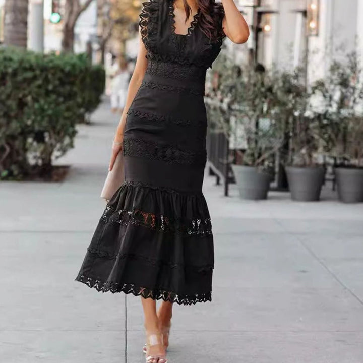 Women's Black Maxi Dress Lace-Trim Sleeveless Cotton Mermaid Dress