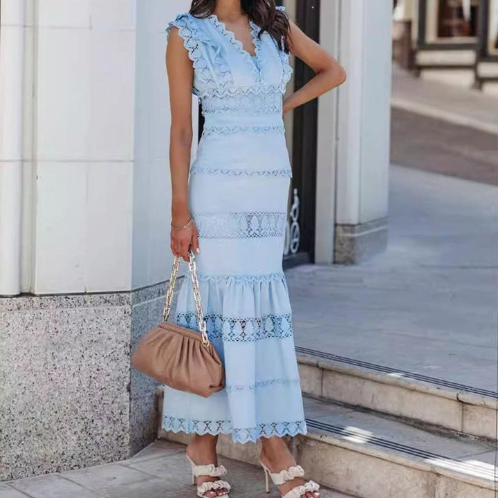 Women's Black Maxi Dress Lace-Trim Sleeveless Cotton Mermaid Dress
