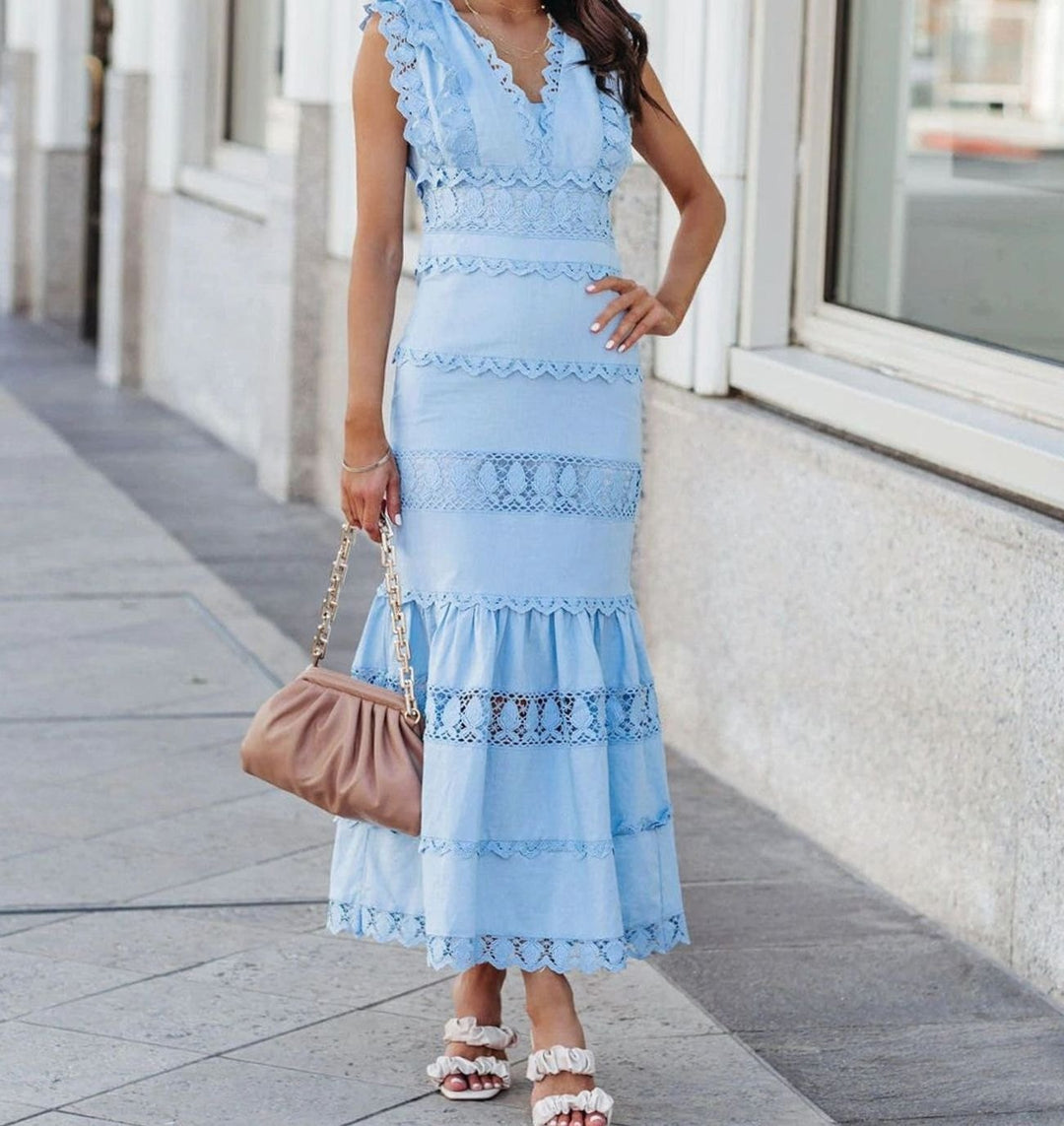 Women's Black Maxi Dress Lace-Trim Sleeveless Cotton Mermaid Dress