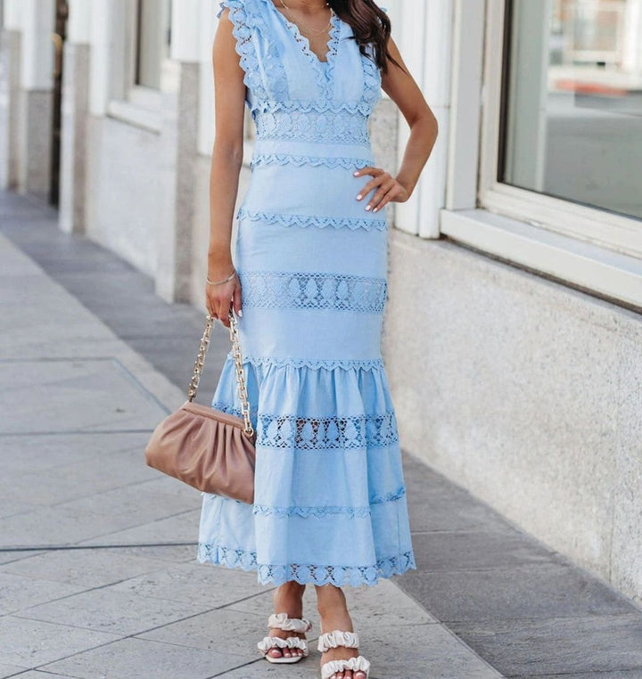 Women's Black Maxi Dress Lace-Trim Sleeveless Cotton Mermaid Dress