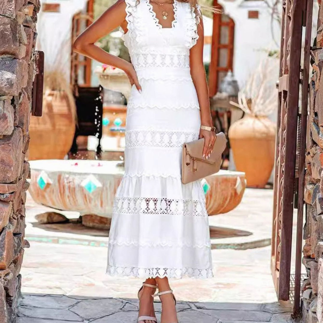 Women's Black Maxi Dress Lace-Trim Sleeveless Cotton Mermaid Dress