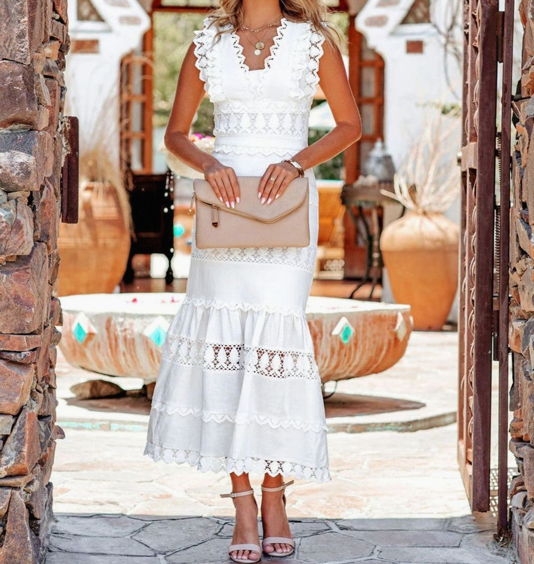 Women's Black Maxi Dress Lace-Trim Sleeveless Cotton Mermaid Dress