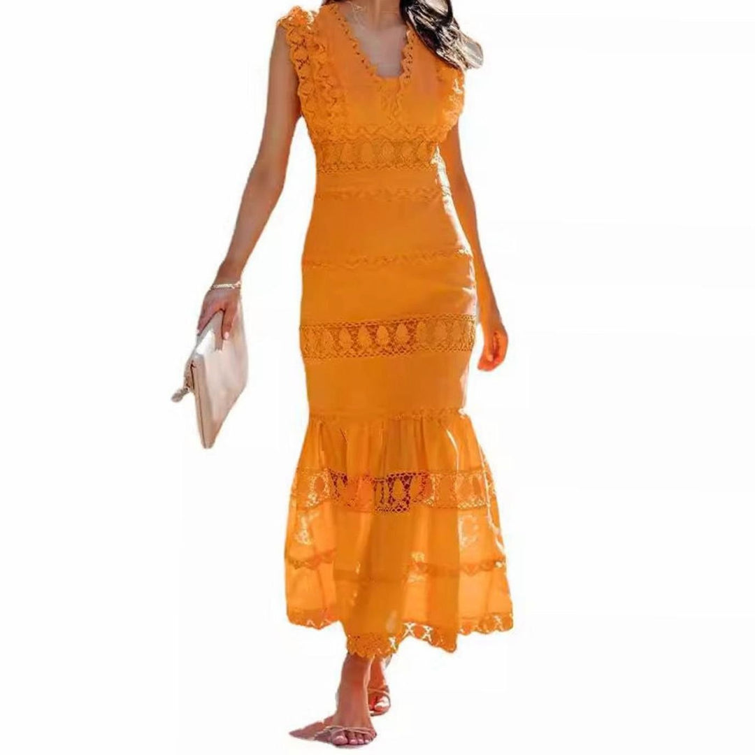 Women's Black Maxi Dress Lace-Trim Sleeveless Cotton Mermaid Dress