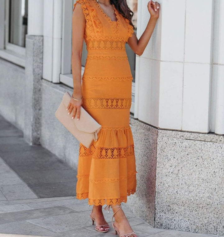 Women's Black Maxi Dress Lace-Trim Sleeveless Cotton Mermaid Dress