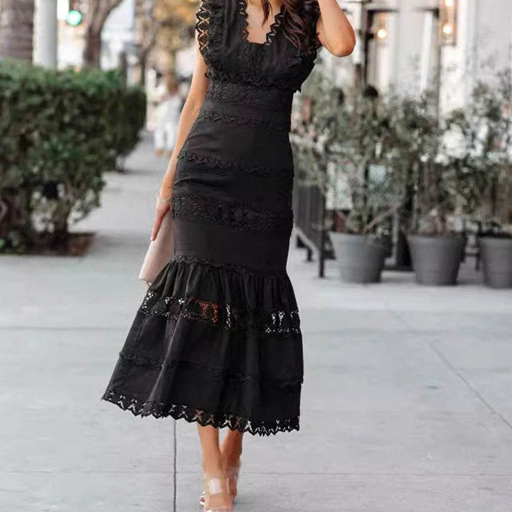 Women's Black Maxi Dress Lace-Trim Sleeveless Cotton Mermaid Dress - Black
