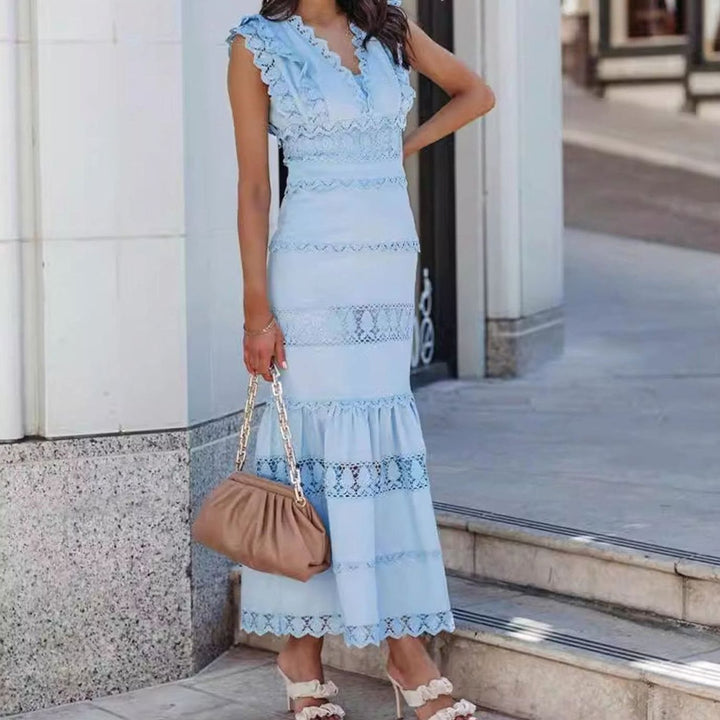 Women's Black Maxi Dress Lace-Trim Sleeveless Cotton Mermaid Dress