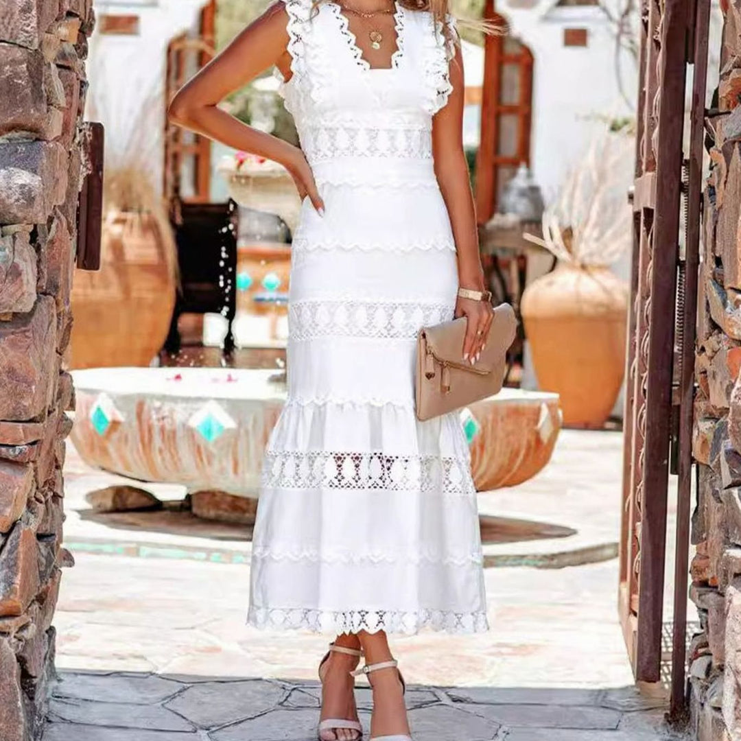 Women's Black Maxi Dress Lace-Trim Sleeveless Cotton Mermaid Dress