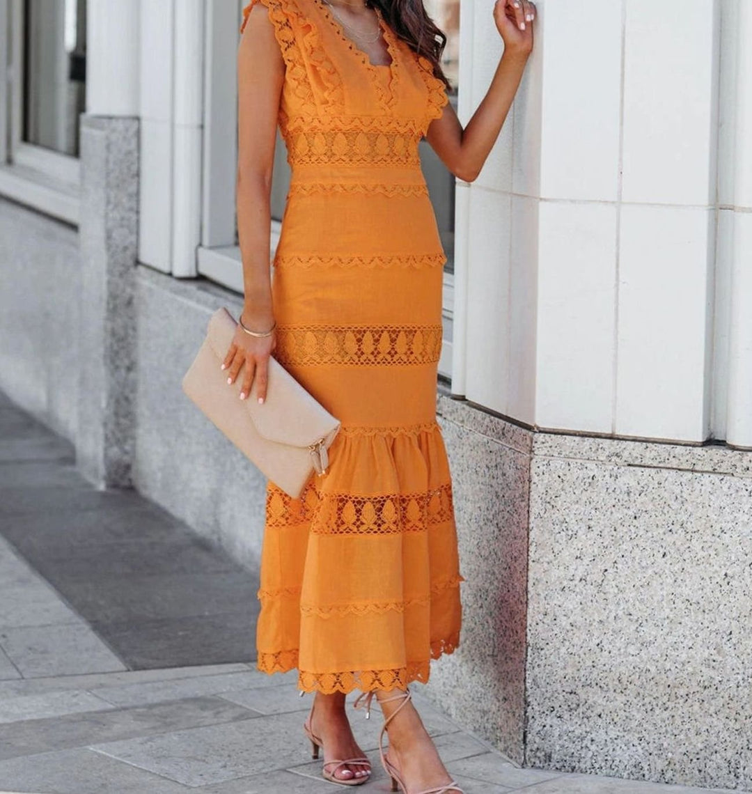 Women's Black Maxi Dress Lace-Trim Sleeveless Cotton Mermaid Dress - Yellow
