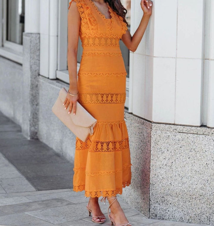Women's Black Maxi Dress Lace-Trim Sleeveless Cotton Mermaid Dress - Yellow