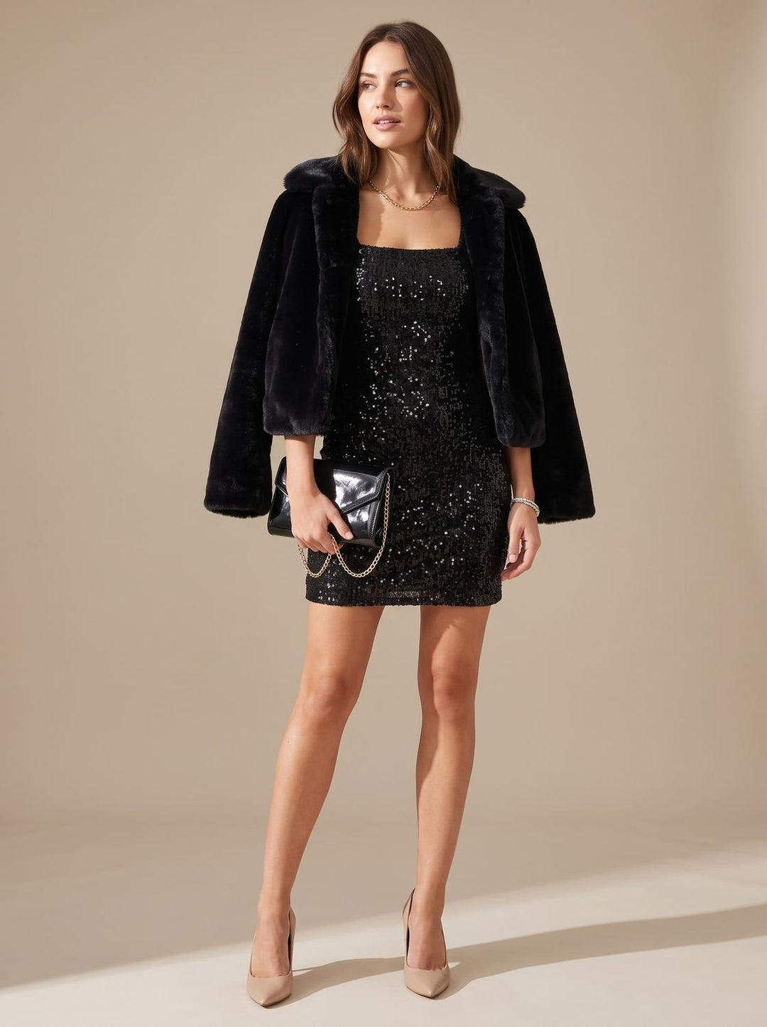 Women's Black Sequin Long-Sleeve Sweetheart Mini Christmas Party Dress