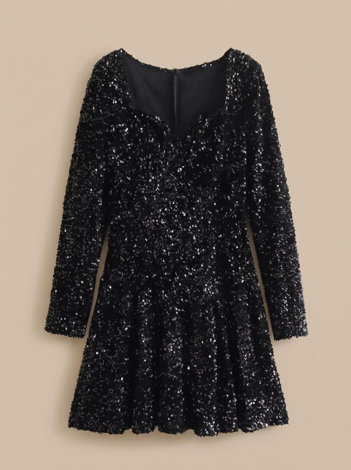Women's Black Sequin Long-Sleeve Sweetheart Mini Christmas Party Dress