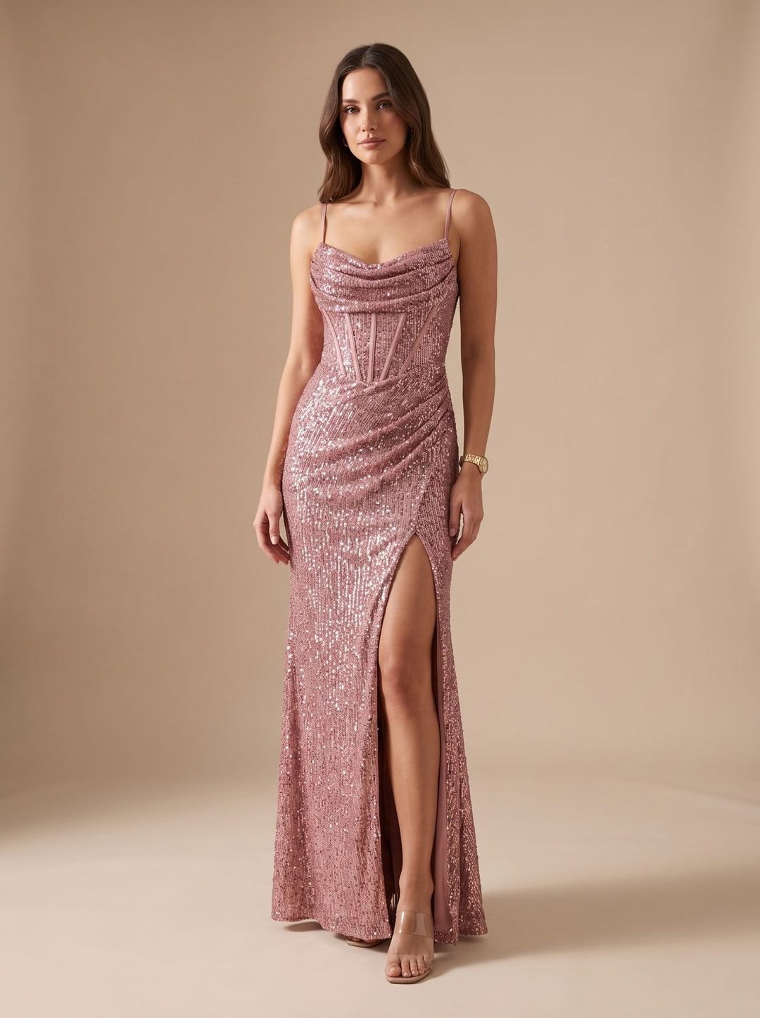 Women's Black Sequin Maxi Dress Sweetheart Spaghetti-Strap High-Slit Gown - Pink