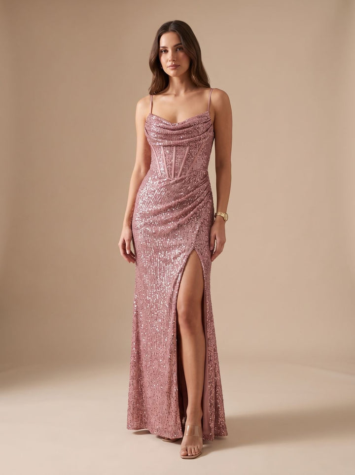 Women's Black Sequin Maxi Dress Sweetheart Spaghetti-Strap High-Slit Gown - Pink