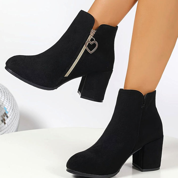 Women's Black Suede Block-Heel Ankle Boots Heart-Charm Zipper - Black