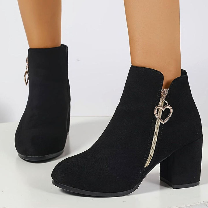 Women's Black Suede Block-Heel Ankle Boots Heart-Charm Zipper
