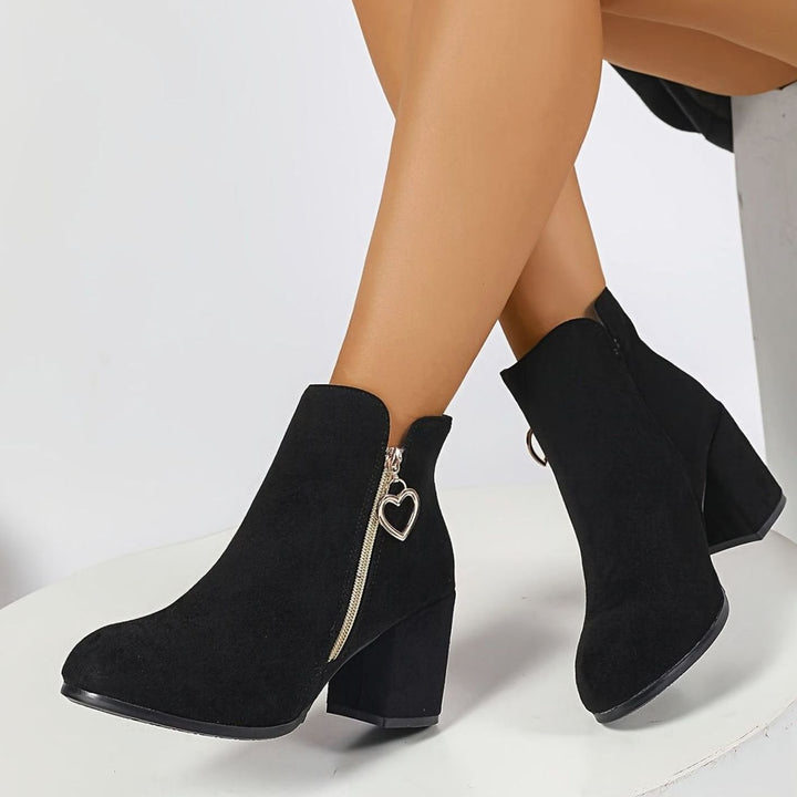 Women's Black Suede Block-Heel Ankle Boots Heart-Charm Zipper