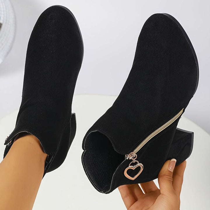 Women's Black Suede Block-Heel Ankle Boots Heart-Charm Zipper