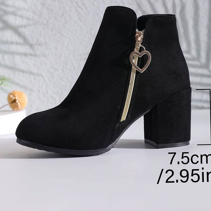 Women's Black Suede Block-Heel Ankle Boots Heart-Charm Zipper