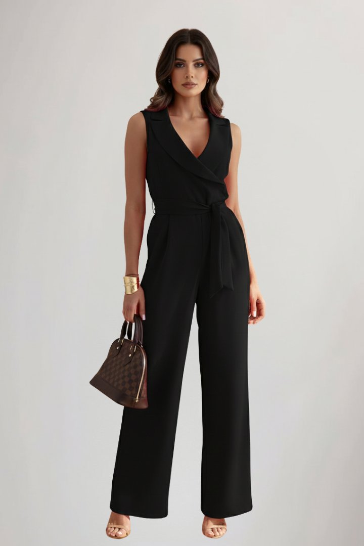 Women's Blazer-Collar Tie-Waist Wide-Leg Full-Length Jumpsuit - Black