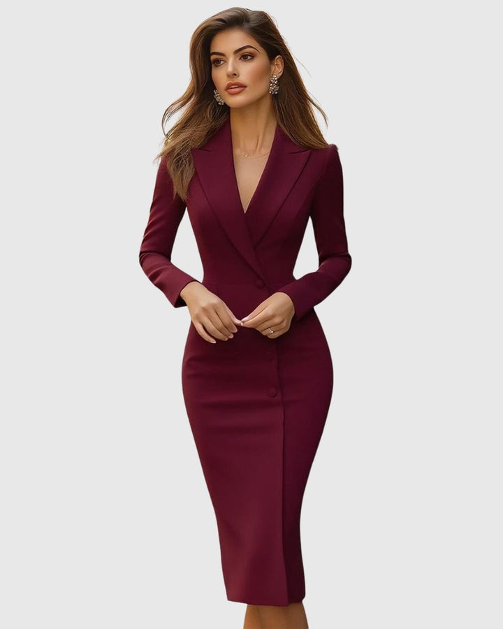 Women's Blazer-Style Tailored Long Sleeve Dress Midi
