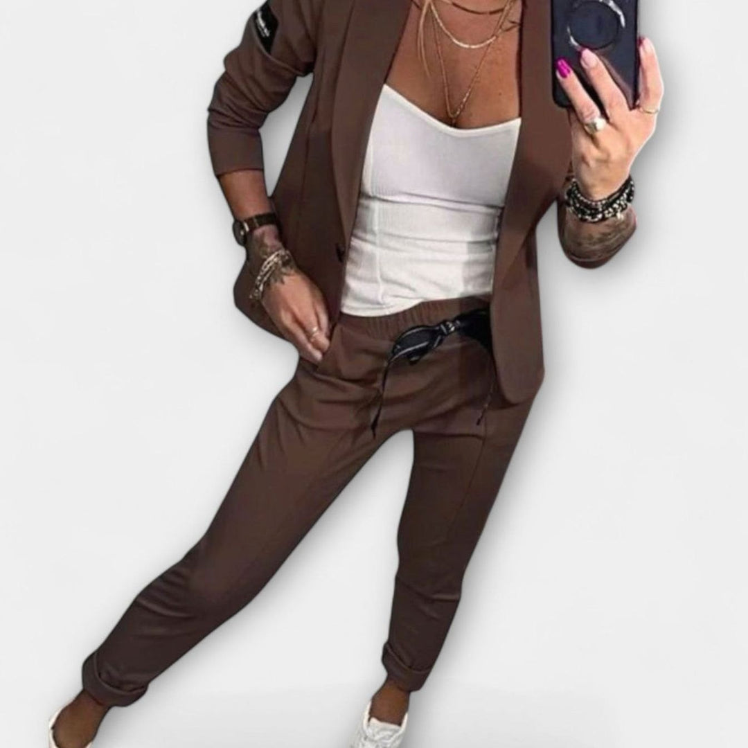 Women's Blazer Winter Coat Jogger Pants Three-Piece Set - Brown