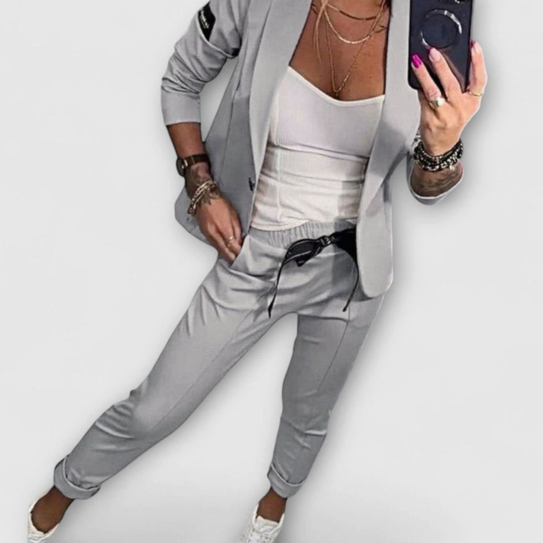 Women's Blazer Winter Coat Jogger Pants Three-Piece Set - Gray