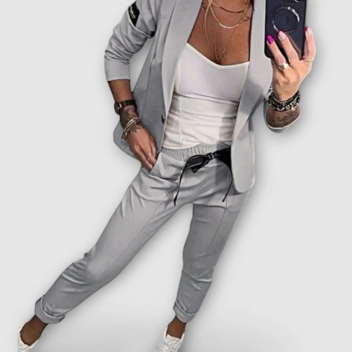 Women's Blazer Winter Coat Jogger Pants Three-Piece Set - Gray