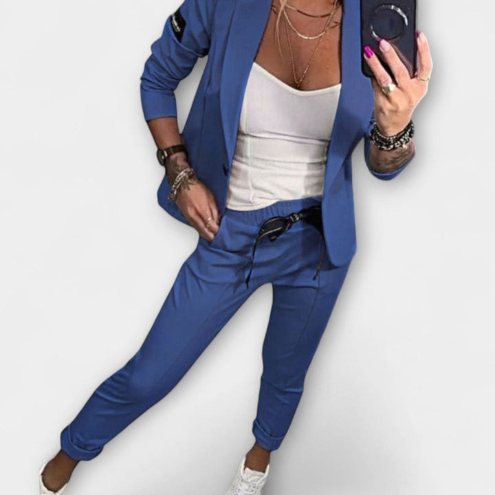 Women's Blazer Winter Coat Jogger Pants Three-Piece Set - Blue
