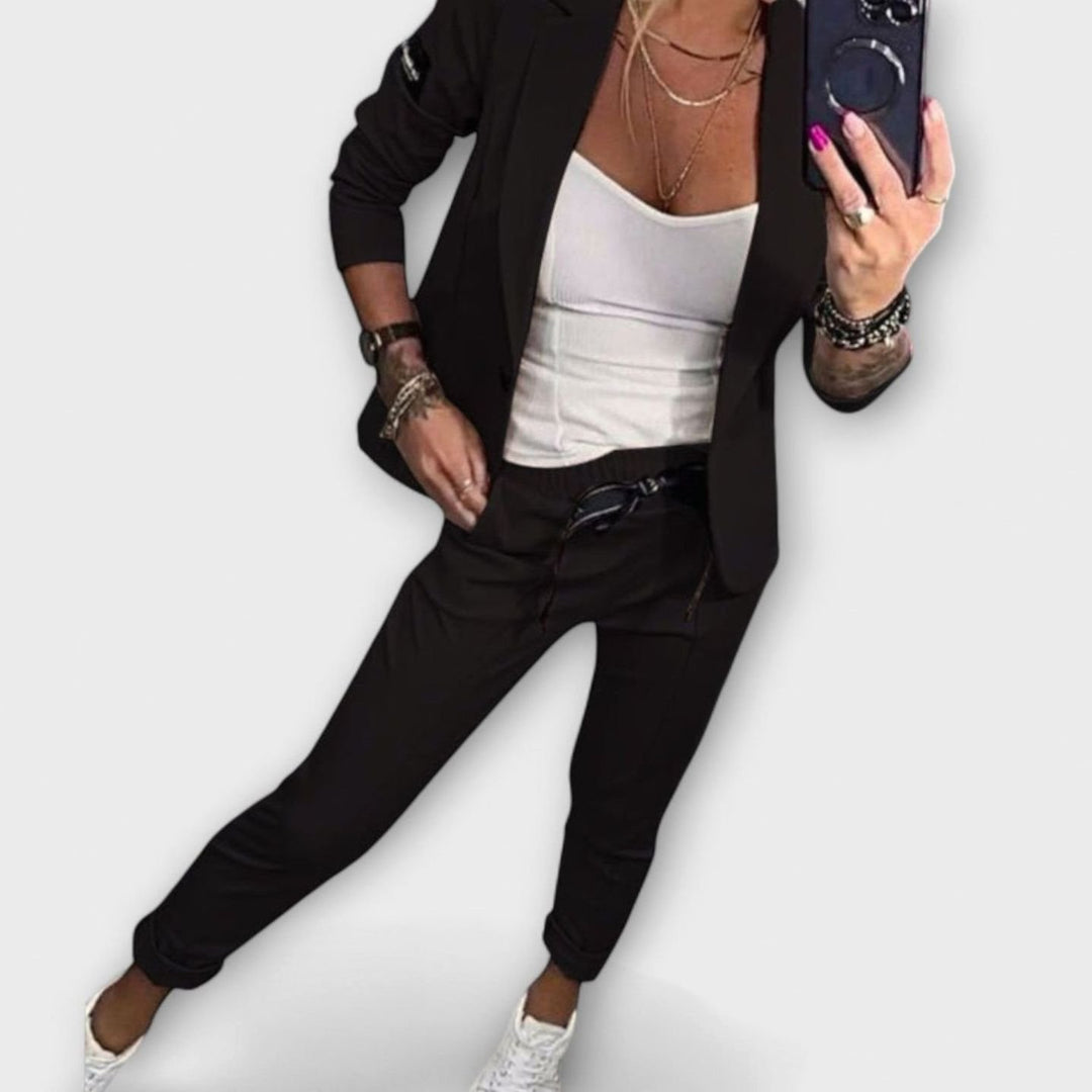 Women's Blazer Winter Coat Jogger Pants Three-Piece Set - Black
