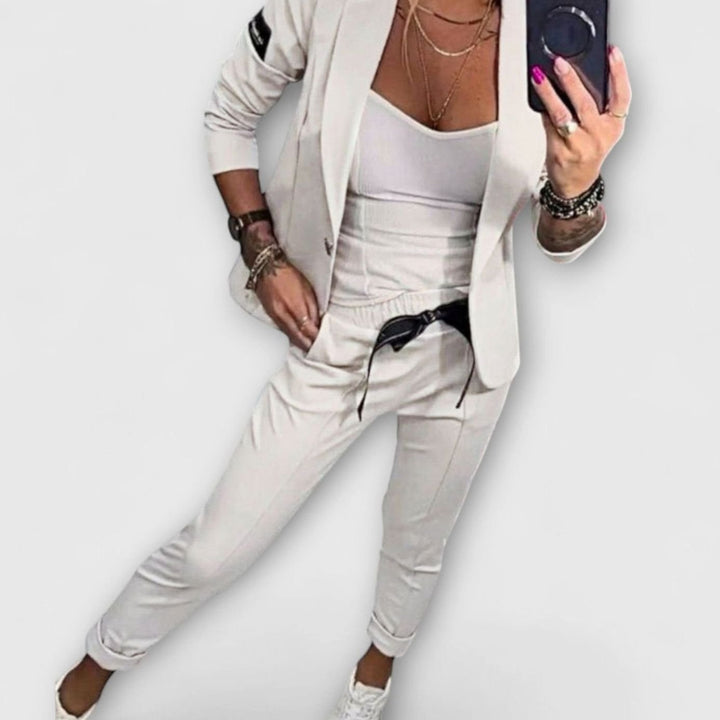 Women's Blazer Winter Coat Jogger Pants Three-Piece Set - White
