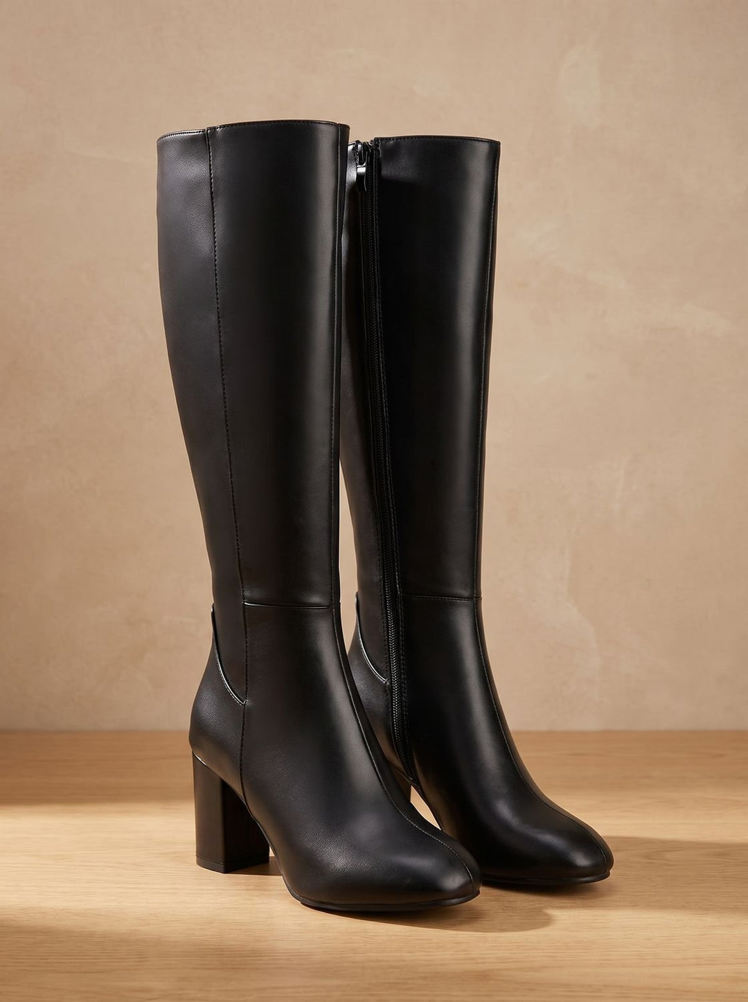 Women's Block-Heel Knee High Boots Side-Zip Arch-Support - Black
