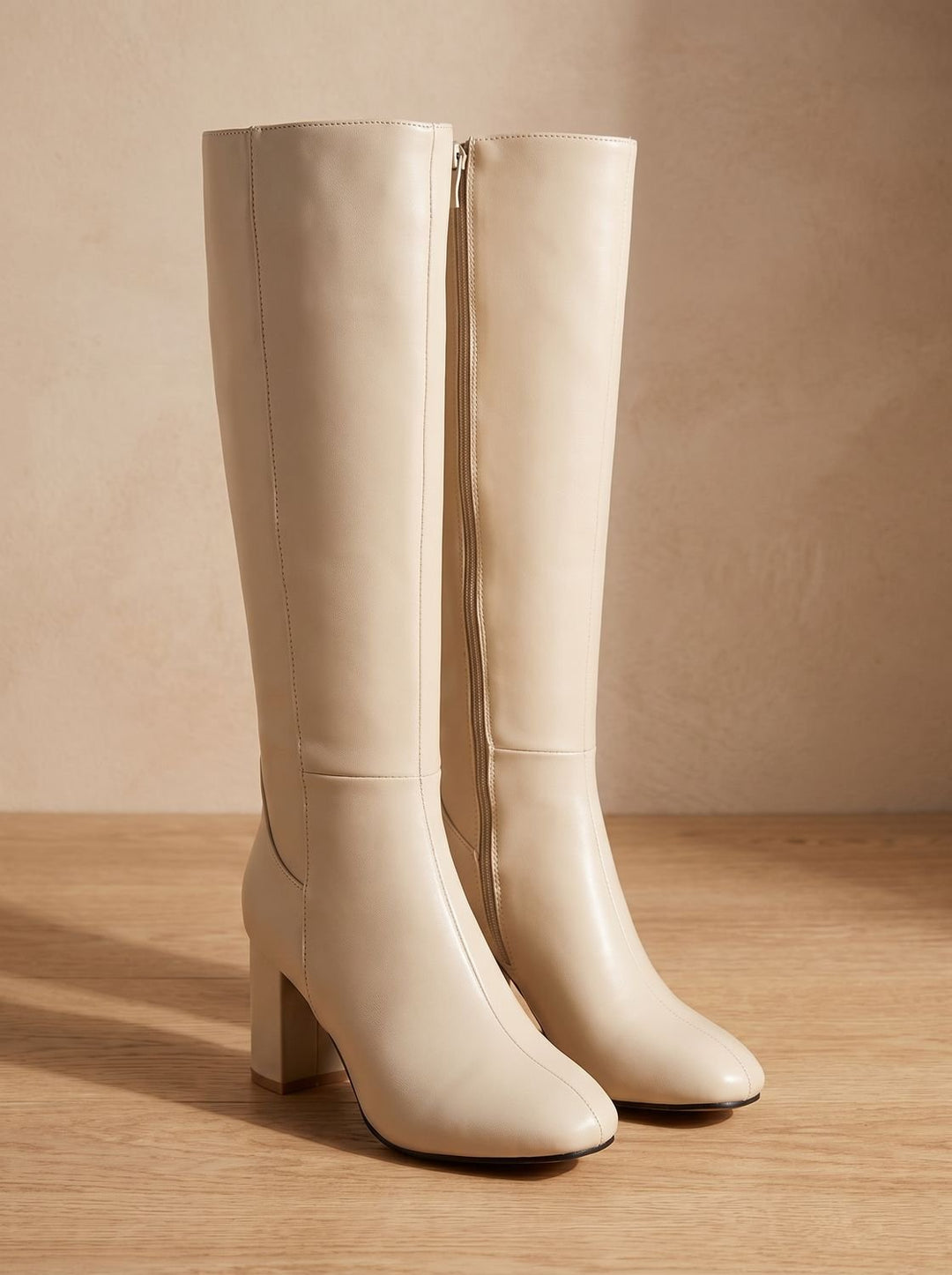 Women's Block-Heel Knee High Boots Side-Zip Arch-Support - Beige