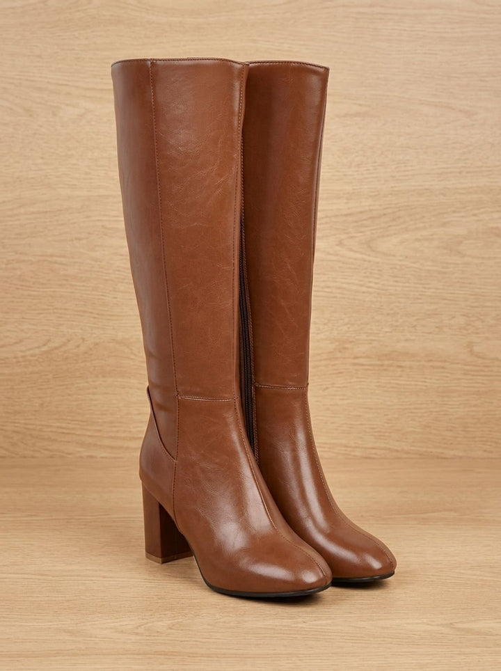 Women's Block-Heel Knee High Boots Side-Zip Arch-Support - Brown