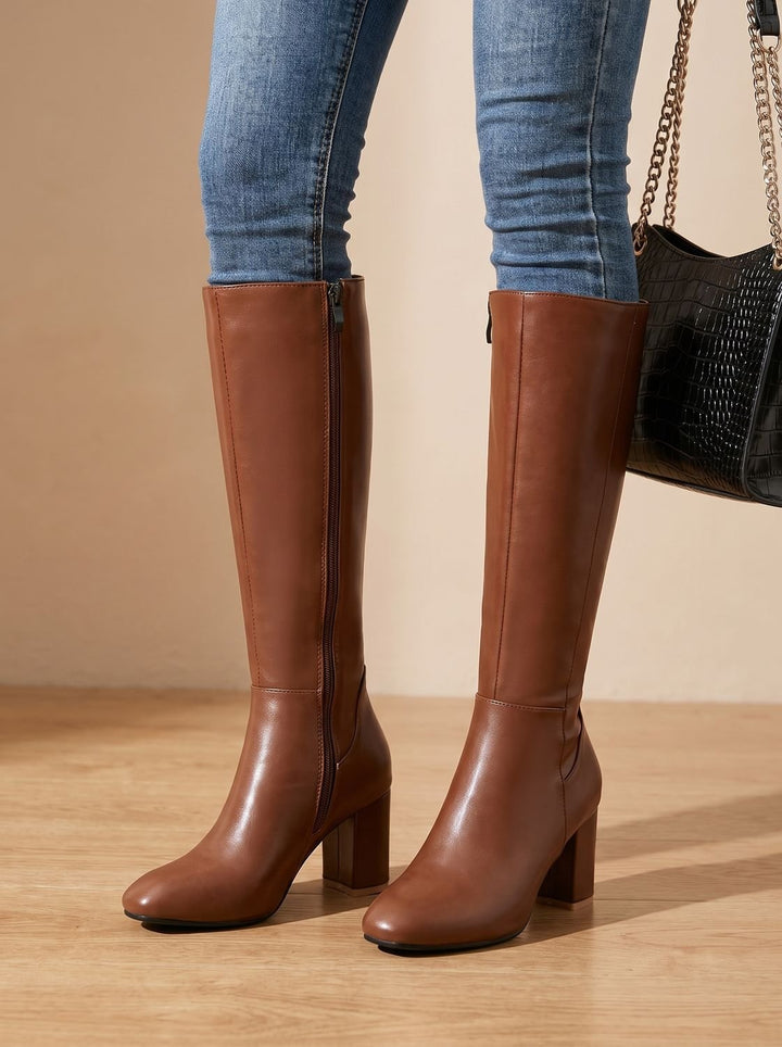Women's Block-Heel Knee High Boots Side-Zip Arch-Support