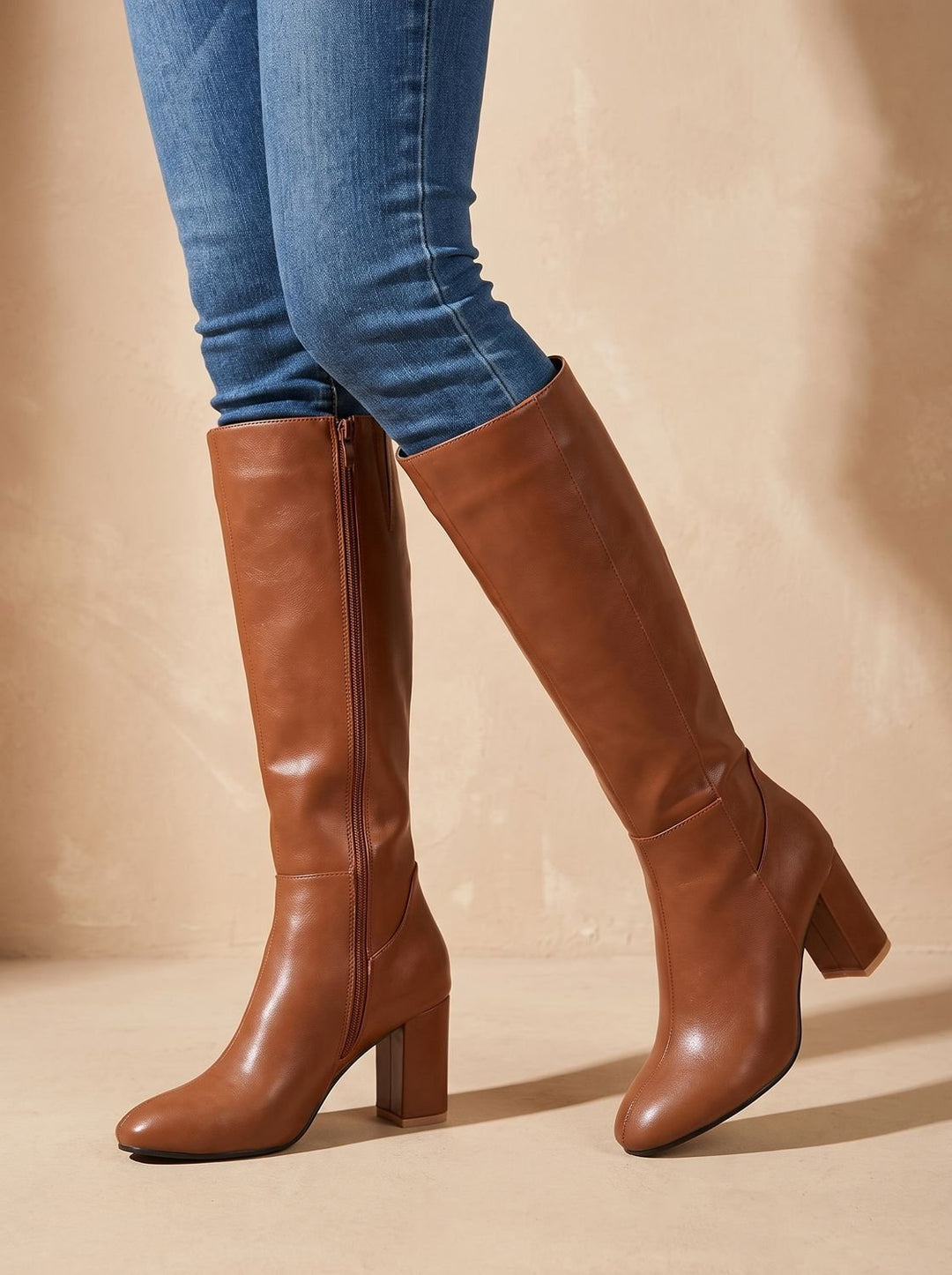 Women's Block-Heel Knee High Boots Side-Zip Arch-Support