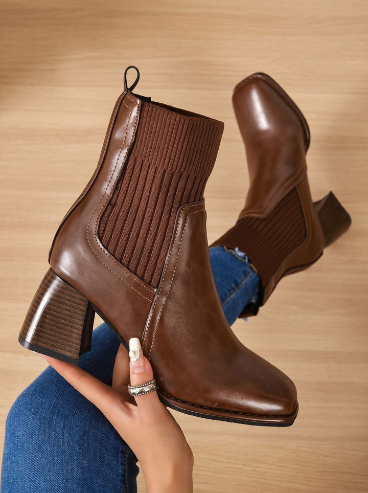 Women's Block Heel Slip-On Ankle Boots Knit Sock Shaft