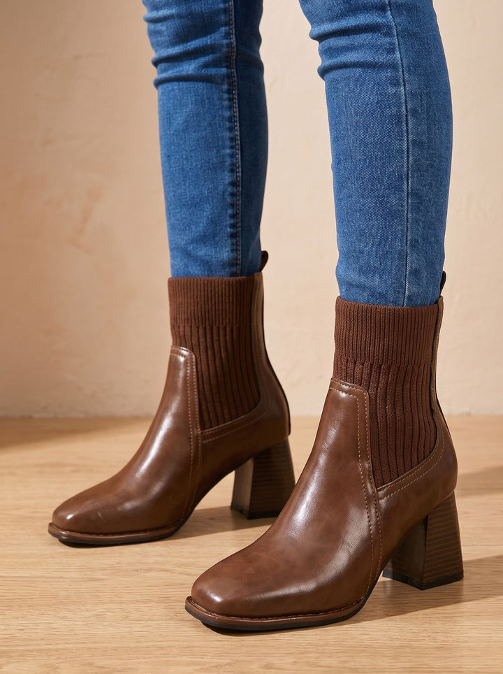 Women's Block Heel Slip-On Ankle Boots Knit Sock Shaft