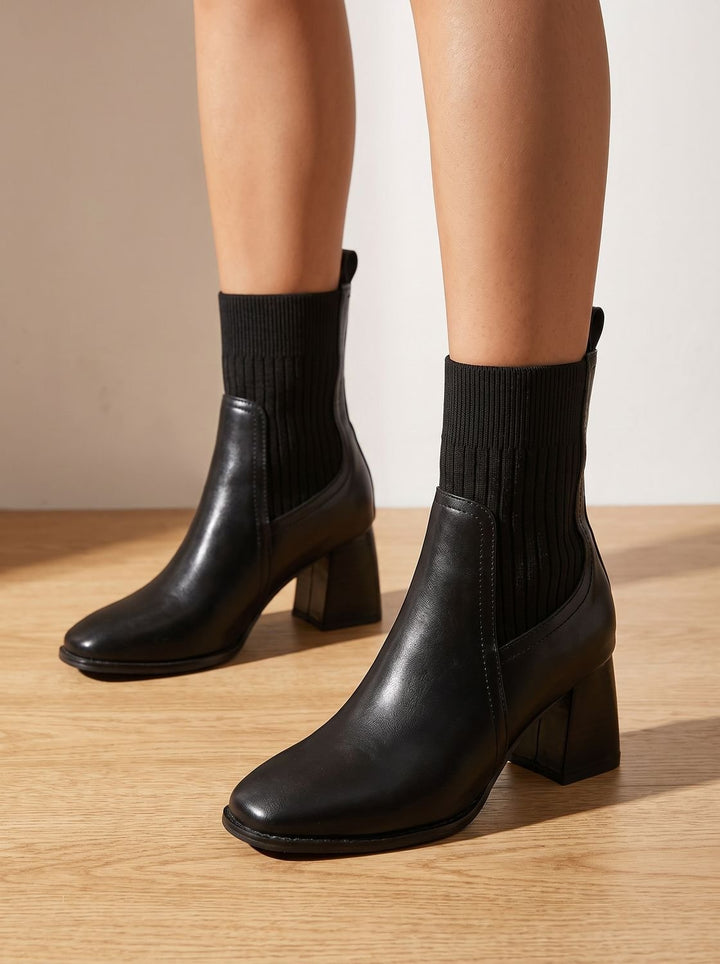 Women's Block Heel Slip-On Ankle Boots Knit Sock Shaft
