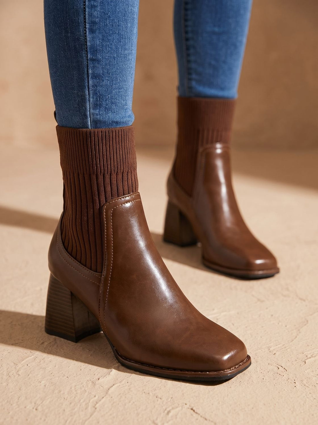 Women's Block Heel Slip-On Ankle Boots Knit Sock Shaft