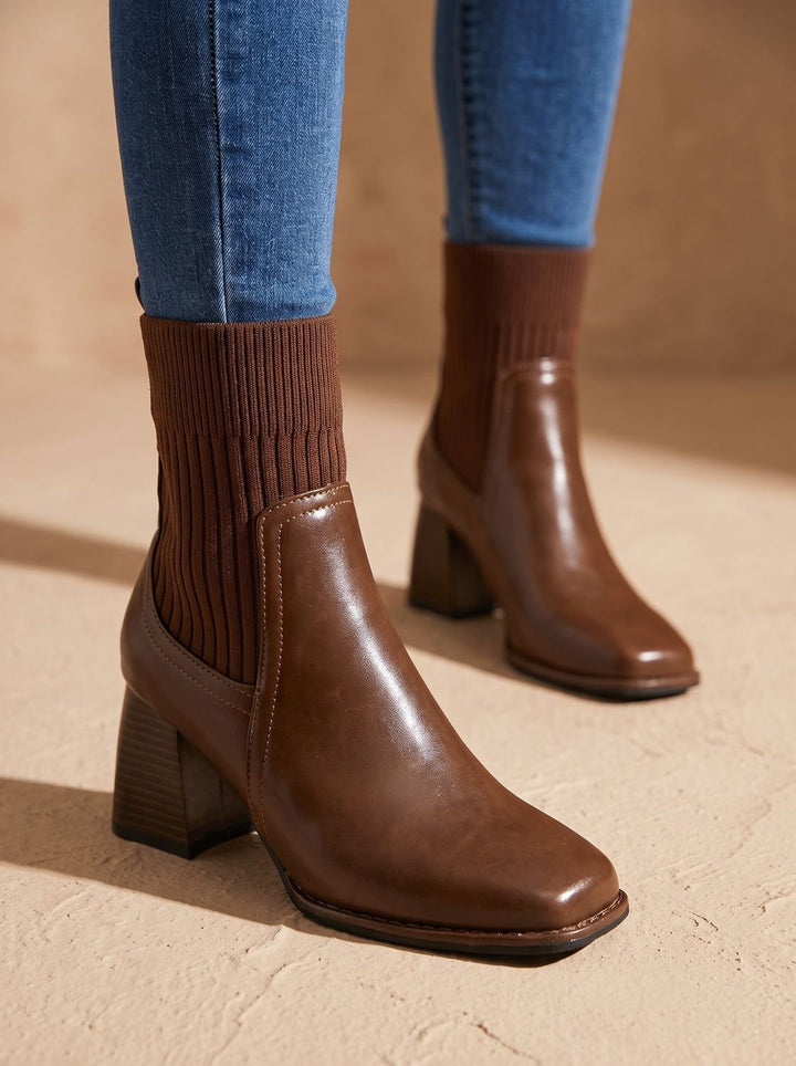 Women's Block Heel Slip-On Ankle Boots Knit Sock Shaft