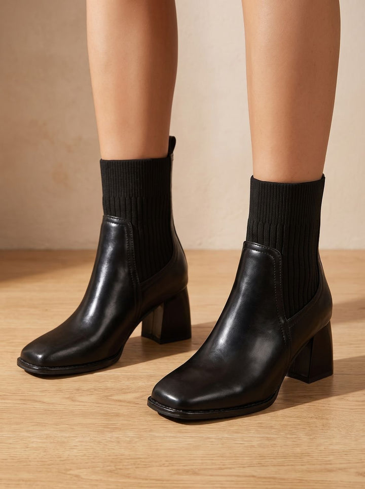 Women's Block Heel Slip-On Ankle Boots Knit Sock Shaft - Black