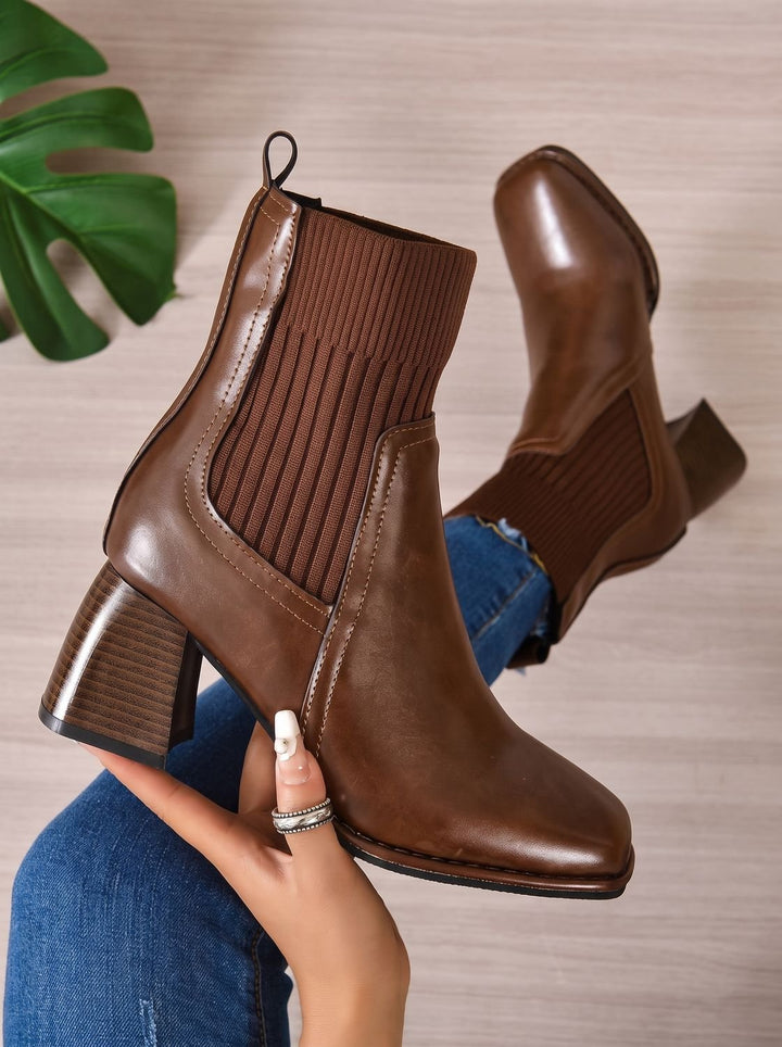 Women's Block Heel Slip-On Ankle Boots Knit Sock Shaft - Brown