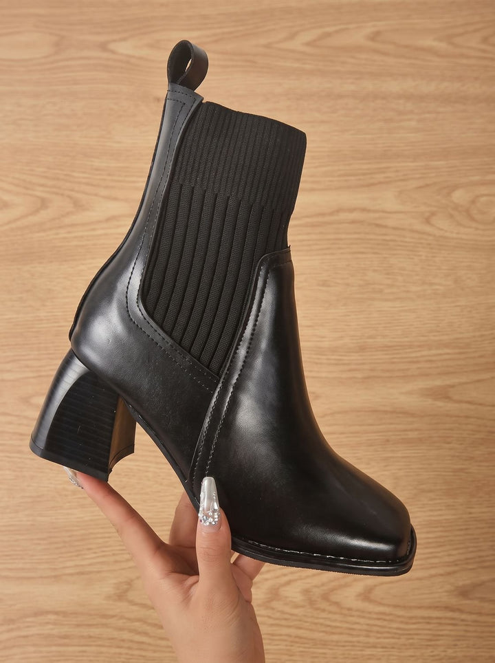 Women's Block Heel Slip-On Ankle Boots Knit Sock Shaft