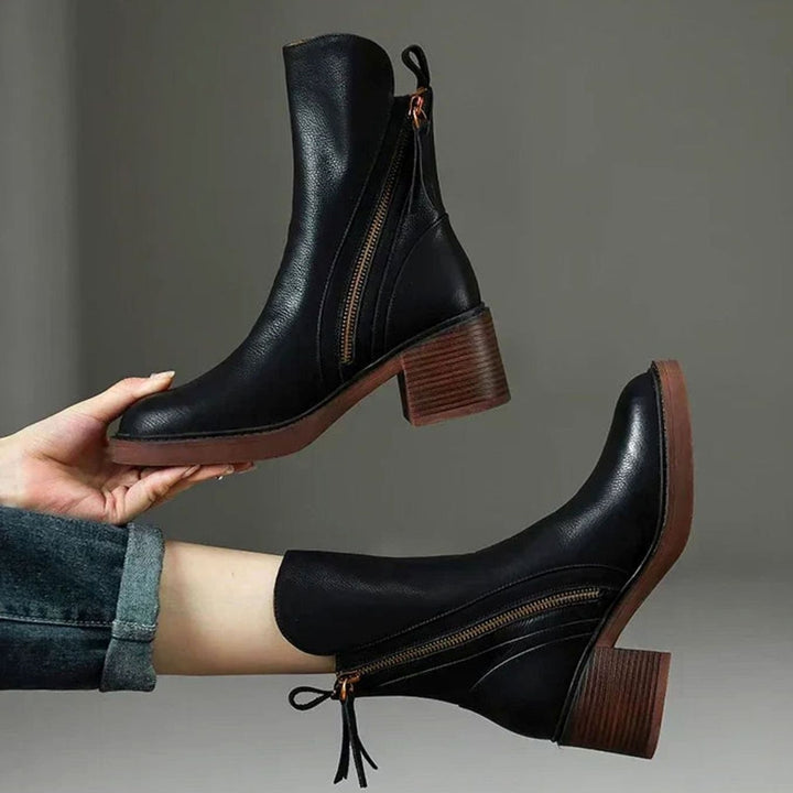 Women's Block Heel Zip-Up Ankle Boots - Black