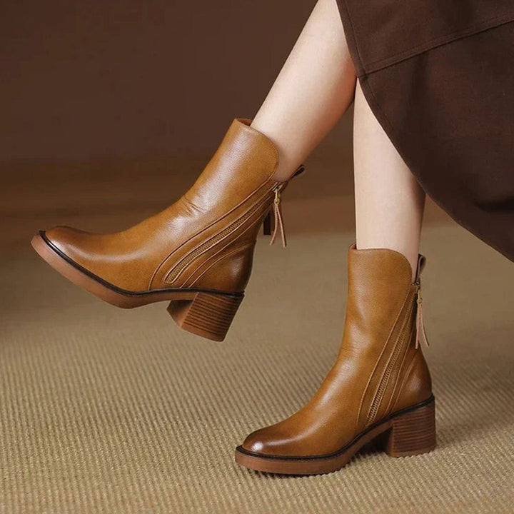 Women's Block Heel Zip-Up Ankle Boots - Brown