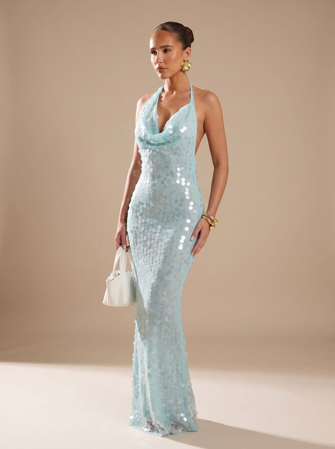 Women's Blue Halter Cowl-Neck Sequin Maxi Dress