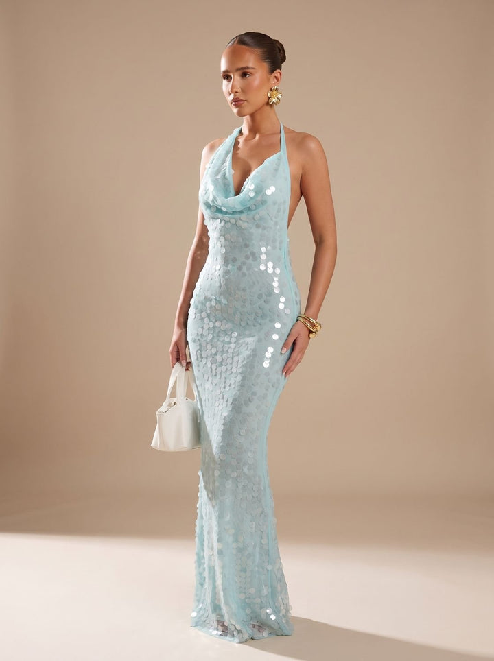 Women's Blue Halter Cowl-Neck Sequin Maxi Dress
