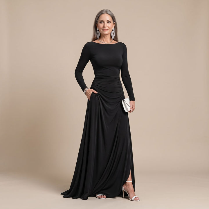 Women's Boat Neck Long Sleeve Ruched Maxi Dress - Black
